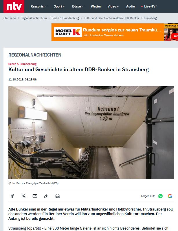Screenshot des n-tv-Artikels „Kultur und Geschichte in altem DDR-Bunker in Strausberg“